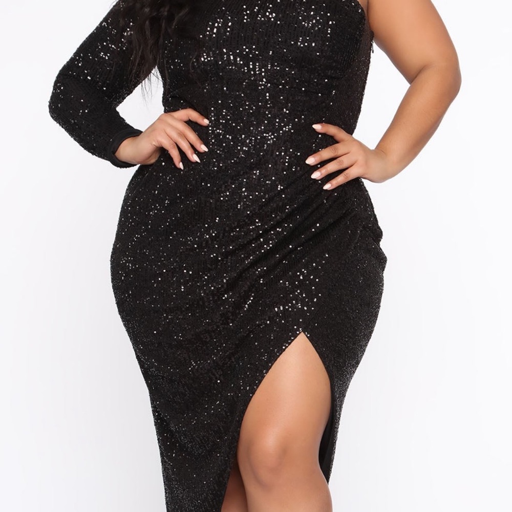 Fashion Nova Black Glitter One-Shoulder Dress